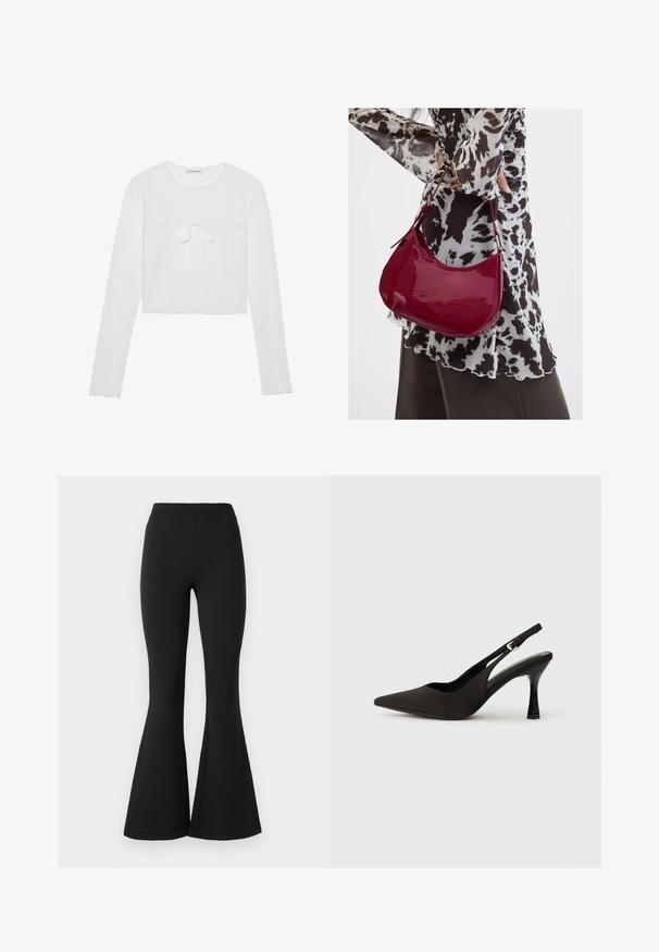 Weißes langärmliges Crop-Top mit gerippter Textur, rundem Hals und einer dekorativen Schleife mit gewelltem Saum. Einfaches und figurbetontes Design.; Schwarze, ausgestellte Leggings aus dehnbarem Material, mit einem hohen Taillenbund und einer glatten Textur, die sich bis zu einem weiten Saum an den Knöcheln verjüngen.; Schwarze Slingback-Absatzschuhe mit spitzem Zehenbereich, glattem, mattem Finish und schmalem, glanzvollem Absatz. Verstellbarer Riemen mit kleiner Schnallen-Detail.; Frau trägt eine schwarz-weiß gemusterte Bluse und hält eine glänzende rote Schultertasche vor einem einfarbigen Hintergrund.