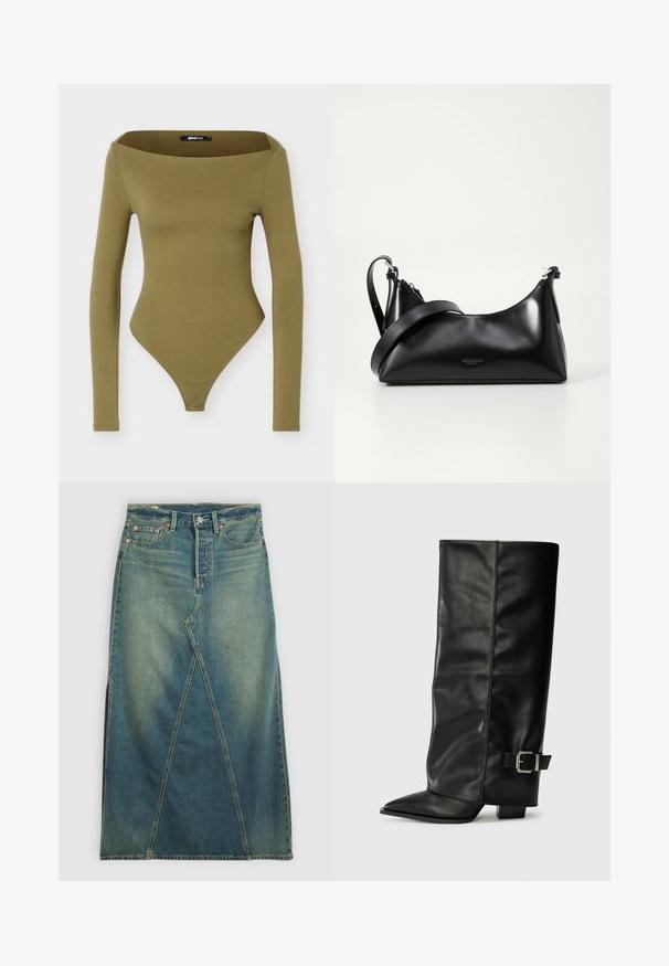 Olivengrøn langærmet tætsiddende bodysuit med bred firkantet halsudskæring og bund i trusse-stil.; Denim nederdel med høj talje i mellemblå. Har en markant frontnaht, sideskår og standard fem-lomme design.; Sorte læder ankelstøvler i ankellængde med spids tå, glat tekstur og en sølvspændeaccents på siden. Kraftig firkantet hæl.; Sort læderhåndtaske med en glat tekstur. Har en justerbar stropp og et enkelt, minimalistisk design med lynlås.
