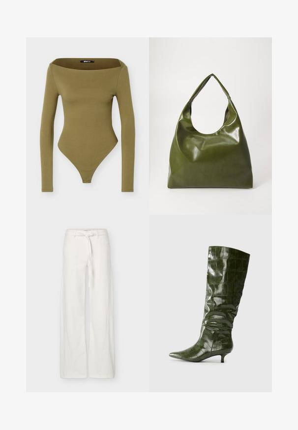 Olivengroen, nauwsluitend bodysuit met lange mouwen, een brede, vierkante halslijn en een onderkant in stringstijl.; Witte broek met wijde pijpen, voorzakken en een stoffen riem gestrikt in de taille, weergegeven op een effen achtergrond.; Hoge donkergroene laarzen van leer met krokodillenpatroon, met een spitse neus en een lage kittenhak, zijaanzicht weergegeven op een effen achtergrond.; Groene leren hobotas met een slordig ontwerp, gebogen handvat en een gladde textuur. Bevat geen zichtbare hardware of accenten.