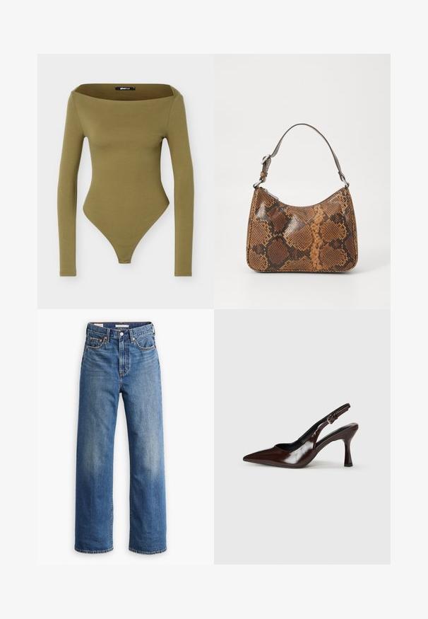Body ajustado de manga larga en verde oliva con un escote cuadrado amplio y parte inferior estilo tanga.; Vaqueros de mezclilla azul claro con cintura alta, diseño de pierna ancha, estilo clásico de cinco bolsillos y un sutil desgaste en la tela.; Zapatos de tacón slingback de charol marrón con punta afilada, tacón delgado y correa ajustable con una pequeña hebilla.; Pequeño bolso de mano con un patrón de piel de serpiente marrón y negro, correa corta ajustable y cierre de cremallera.