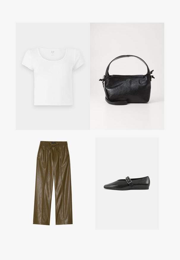 Hvid kortærmet cropped t-shirt lavet af blødt bomuld, med rund halsudskæring og et enkelt design uden mønstre eller detaljer.; Olivenfarvede faux læder buks med vidde ben, elastisk talje og justerbar snøring. Har to sidelommer og en glat tekstur.; Sorte læder flade sko med spidse tæer, prydet med en metallisk spænde over vristen og en lav, fleksibel sål.; Sort læderhåndtaske med et struktureret design, rund tophåndtag og aftagelig skulderrem. Den har en glat tekstur og en subtil glans.