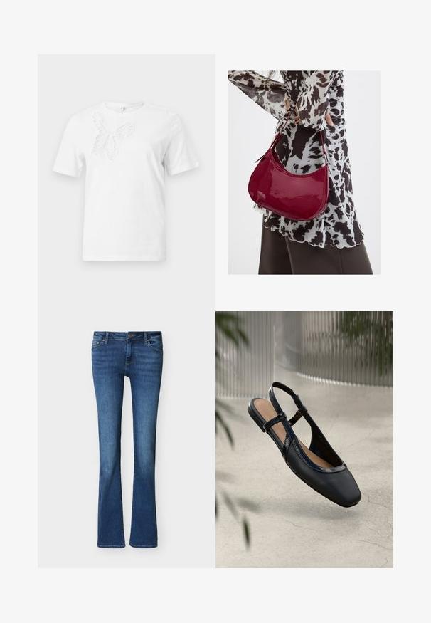 T-shirt blanc à manches courtes avec un motif de papillon texturé, semblable à de la dentelle, sur la partie supérieure gauche de la poitrine.; Jean bootcut en denim bleu avec poches avant, passants pour ceinture et fermeture par bouton, présenté sur un fond blanc uni.; Chaussure plate slingback en cuir noir avec un orteil carré, dotée d'un fini verni brillant et de sangles ajustables pour un maintien sécurisé.; Femme portant un chemisier à motif noir et blanc tenant un sac à main rouge brillant sur un fond uni.