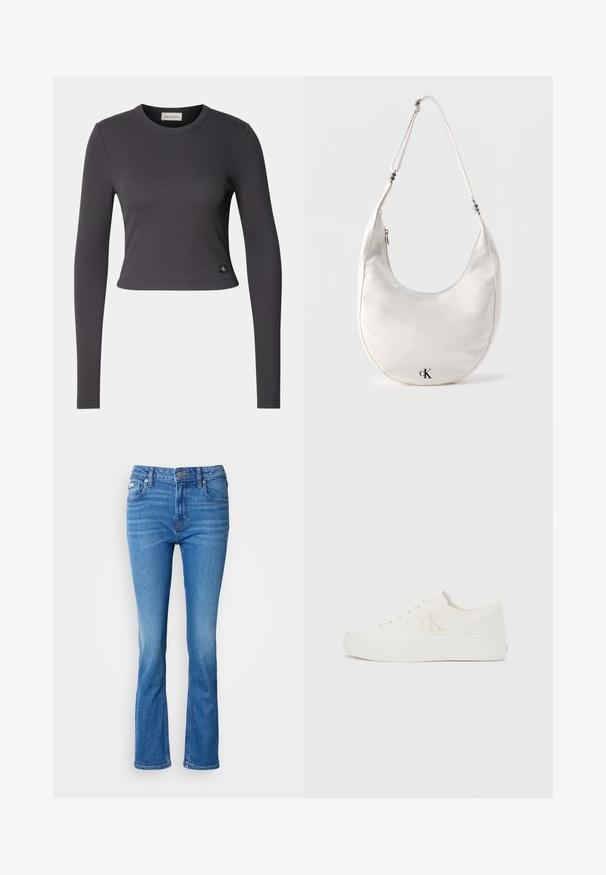 Langærmet, cropped top i mørkegrå ribbet stof med en rund halsudskæring og et lille logo patch nederst. Glat tekstur, tætsiddende design.; Blå denim flared jeans med en mellemhøj talje, der har et klassisk fem-lomme design og en subtil affadet tekstur ved knæene.; Hvid lavt snøresko med tyk sål og "cK"-logo på siden, snørebånd foran og minimalistisk design på neutral baggrund.; Hvid skuldertaske i halvmåneform med justerbar rem og sort "cK"-logo nær bunden i midten på ensfarvet baggrund.