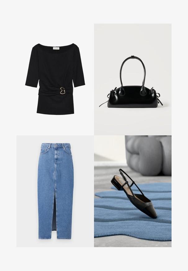 Musthave mustrikiga, millel on kolmeveerandi varrukad, paadi kaelus ja kuldne dekoratiivne klamber taljes.; Heledad sinine denimpikkseelik, millel on ees lõhe, klassikaline viie taskuga disain ja ülemine nupuga sulgemine. Kangas on kergelt tekstureeritud.; Mustast lakknahast slingback-kingad madala plokktallaga, mis on asetatud sinise lainelise vaiba ja halli polsterdatud mööbli peale.; Väike must läikiv käekott kahe pika sangaga ja külgedel paelakinnitustega, ühel lihtsal helel taustal.