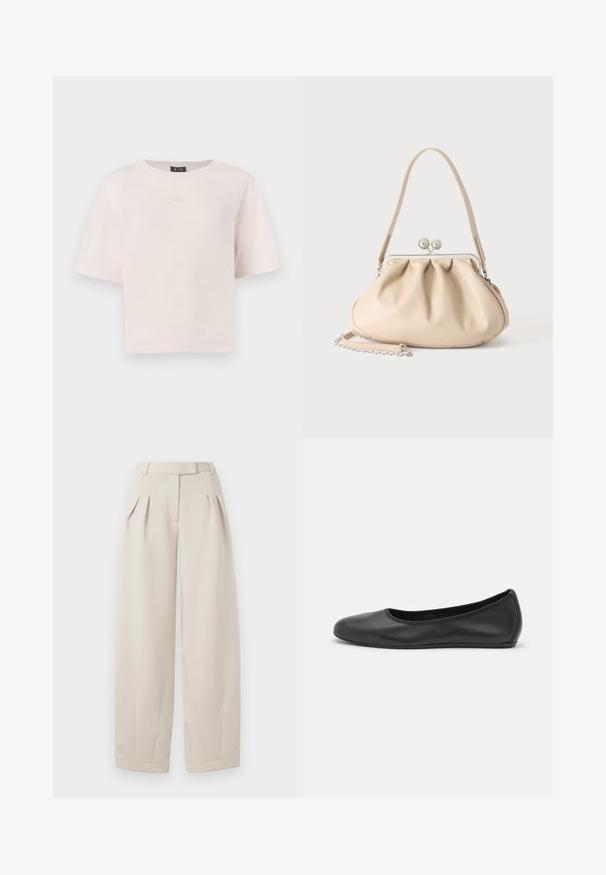 T-shirt rose clair à manches courtes en coton doux. Il présente un col rond et un logo "AX" en relief sur le devant. Coupe décontractée.; Pantalons beige taille haute et jambes larges avec des plis à l'avant, passants de ceinture et fermeture discrète à l'avant.; Ballerines en cuir noir avec un bout rond, texture lisse, détails de couture minimalistes et design de semelle flexible.; Sac à main en cuir souple beige avec un fermoir en métal argenté, une bandoulière simple et une bandoulière chaîne optionnelle sur fond blanc.