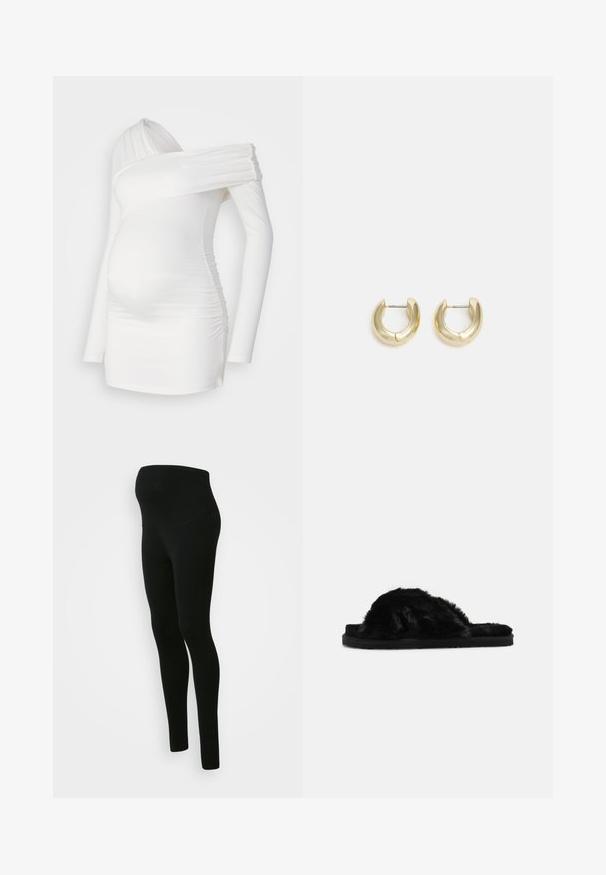 Vestido de maternidad blanco con mangas largas, escote asimétrico, textura fruncida a lo largo del torso y silueta ajustada que enfatiza la barriga.; Leggings de maternidad negros con una cinturilla alta y de soporte, textura suave, diseño ajustado y sin patrones ni adornos visibles.; Chanclas de slide negras y peludas con textura suave, diseño de punta abierta y suela plana negra. Sin hardware visible ni patrones.; Pendientes de aro en tono dorado con un acabado suave y pulido. Presentan una forma de medio círculo y un cierre de poste seguro.