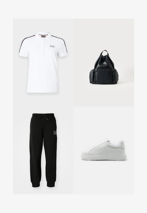 Witte polo met korte mouwen, drieknopenbies, merkembleem op de borst en zwarte, groene en rode strepen op de schouders.; Zwarte joggers gemaakt van een zachte katoenmix, met een elastische tailleband, trekkoord en taps toelopende enkels. Inclusief logo detail aan de voorkant.; Witte sneakers met een bovenwerk van gemarmerd leer, ronde neus en vetersluiting. Dikke witte rubberen zool met een gemarmerd grippatroon.; Zwarte leren rugzak met trekkoord, met voor- en zijvakken met rits, met geperst "EA7 Emporio Armani" logo op het voorvak.
