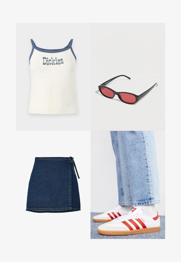 Valge lühike t-särk õhukeste siniste rihmade ja sinise äärisega, keskel rinnal kulunud "Dickies" logo tekst.; Denim seelik, millel on üherealine disain, tume sinine värv ja lipsuga vöökoht. Omab õmbluse detaile ääres ja külge seam.; Valged nahast spordijalatsid punaste triipude ja aktsentidega. Omab tekstureeritud kummist tallaosa ja polsterdatud kraed. Kanda helesinise teksaga.; Mustad ovaalsed päikeseprillid õhukeste kätega ja punase tooniga läätsedega, mis puhkavad valgel pinnal.