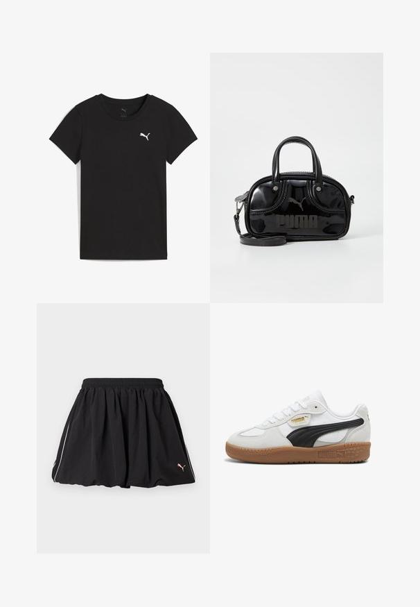 Čierne tričko Puma s krátkym rukávom, okrúhlym výstrihom a bielym logom Puma na ľavej strane hrudníka.; Čierna krátka športová sukňa s elastickým pásom, bielym pruhom na boku a malým logom Puma na dolnej pravej strane.; Biele kožené tenisky s čiernym semišovým pruhom, gumenou podrážkou a zlatým brandingom na boku. Šnurovací dizajn s okrúhlou špičkou.; Čierna lakovaná kožená kabelka s dvojitými vrchnými uchami, odnímateľným ramenným popruhom, zaobleným tvarom a výrazným embosovaným logom "PUMA".