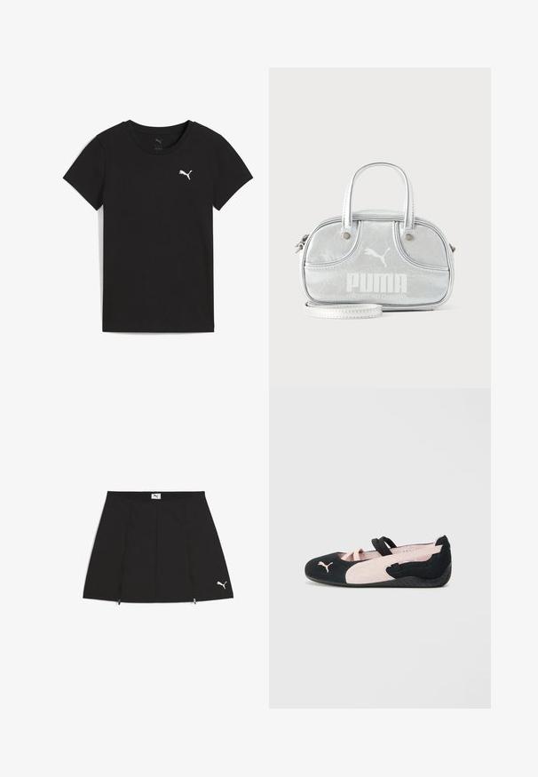 T-shirt Puma noir à manches courtes avec col rond et logo Puma blanc sur le côté gauche de la poitrine.; Jupe de sport noire avec un design évasé, fabriquée en tissu lisse. Comprend des poches zippées à l'avant et un logo Puma blanc sur le bas à droite.; Ballerines en suède noir et rose clair avec des sangles élastiques, un bout arrondi et une semelle en caoutchouc texturée, arborant un petit logo à l'avant.; Petit sac à main Puma argent métallisé avec deux poignées supérieures, une longue bandoulière, logo sur le devant et fermeture zippée sur fond uni clair.