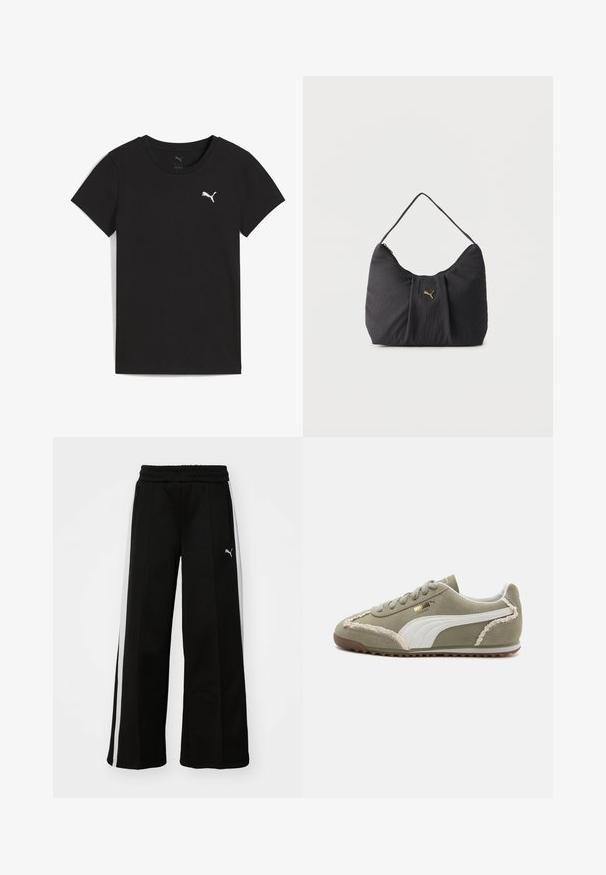 Zwart Puma T-shirt met korte mouwen, ronde hals en wit Puma-logo op de linkerborst.; Zwarte wijde broek met een elastische tailleband, verticale witte strepen, zijzakken met rits en een klein logo op de bovenbeen.; Groene suède sneakers met witte leren accenten, geprofileerde stiksels, vetersluiting aan de voorkant en rubberen zool. Bevat unieke ontwerpelementen langs de zijkanten.; Zwarte gestructureerde schoudertas met plooien, een enkele handgreep en een klein gouden Puma-logo in het midden aan de voorkant.