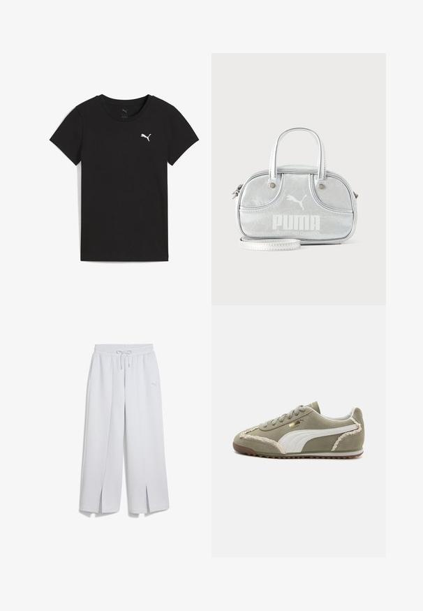 Camiseta negra de manga corta Puma con cuello redondo y logo blanco de Puma en el pecho izquierdo.; Pantalones de chándal gris claro con cintura elástica, cordón y aberturas laterales. Presenta un sutil logo en la parte inferior de la pierna para la marca.; Zapatillas de ante verde con acentos de cuero blanco, costuras texturizadas, parte frontal con cordones y suela de goma. Presenta detalles de diseño únicos a lo largo de los lados.; Pequeño bolso Puma metálico plateado con dos asas superiores, una correa larga, logotipo en el frente y cierre de cremallera sobre un fondo liso y claro.