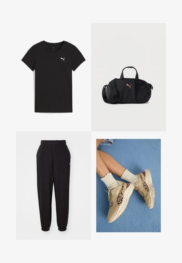 Camiseta negra de manga corta Puma con cuello redondo y logo blanco de Puma en el pecho izquierdo.; Pantalones de chándal negros hechos de tela suave, con cinturilla acanalada y tobillos ajustados. Incluye un pequeño logotipo en el costado.; Piernas cruzadas con zapatillas Puma beige con rayas de estampado de leopardo y calcetines crema con volantes sobre una alfombra azul.; Bolso cruzado negro con textura, con asas superiores, correa ancha ajustable y pequeño logo dorado de Puma centrado en el frente.