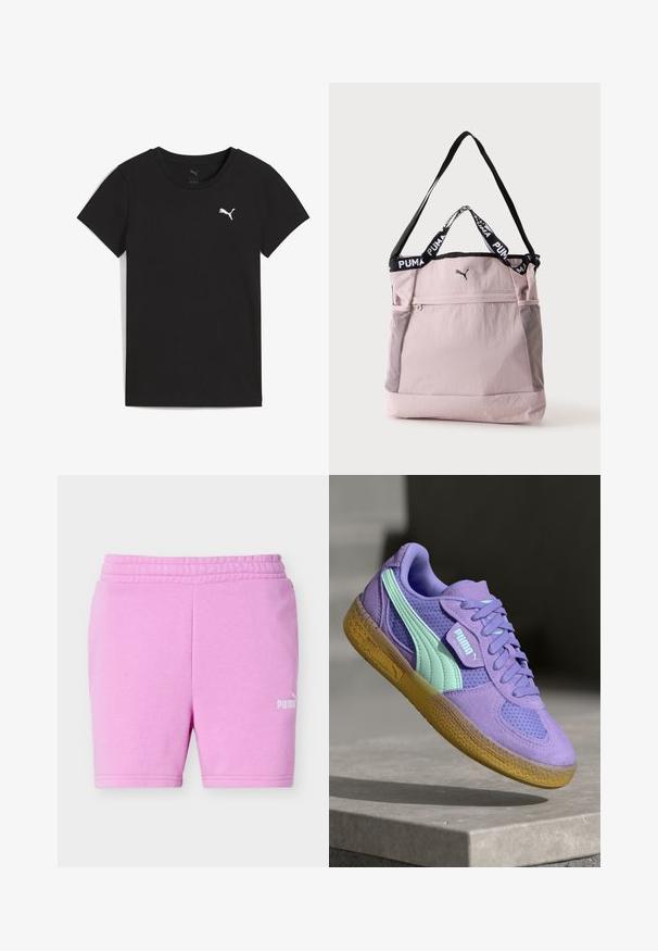 T-shirt Puma noir à manches courtes avec col rond et logo Puma blanc sur le côté gauche de la poitrine.; Shorts Puma violet clair avec taille élastique et logo Puma blanc sur la partie inférieure de la jambe droite, présentés sur un fond uni.; Baskets en suédine violette et en mesh avec des accents menthe, au design à lacets et à semelle en gomme texturée. Arbore le logo PUMA sur le côté.; Sac fourre-tout Puma rose clair avec bandoulière noire, poignées courtes avec logo Puma, poche avant zippée et poches latérales en mesh.
