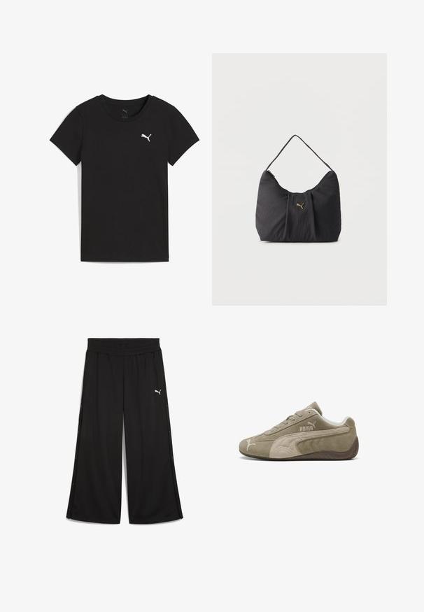 T-shirt Puma noir à manches courtes avec col rond et logo Puma blanc sur le côté gauche de la poitrine.; Pantalon de sport noir avec une taille élastique, boutons-pression sur les côtés et logo Puma blanc à l'avant. Fabriqué en tissu léger.; Baskets en daim marron clair avec des accents plus foncés, présentant un design bas, un système de laçage et un logo de marque sur le côté.; Sac bandoulière noir texturé avec plis, une seule poignée, et un petit logo Puma doré centré sur le devant.
