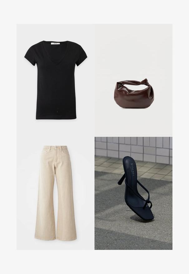 Camiseta negra de manga corta con cuello en V y una pequeña etiqueta visible de la marca Replay dentro del cuello sobre un fondo liso y claro.; Jeans de mezclilla anchos en color beige, con una cintura alta, bolsillos frontales y un diseño liso sin patrones ni acentos.; Sandalia negra de tacón alto con tiras finas y puntera cuadrada, con la marca "SIMMI London", colocada sobre pavimento exterior cerca de una pared de azulejos.; Bolso de hombro de cuero marrón oscuro con una forma suave y caída, y un asa con nudo torcido sobre un fondo blanco liso.