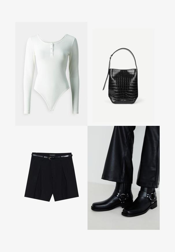 Bodysuit blanco de manga larga, confeccionado en tela elástica, con escote redondeado y una tapeta de tres botones en la parte delantera.; Shorts negros a medida con pliegues, que cuentan con un cinturón negro delgado con hebilla dorada. Elaborados en un tejido suave, ofrecen un aspecto pulido.; Botines de cuero negro con punta redonda, que cuentan con una hebilla decorativa y tachuelas en la correa, además de un diseño acanalado vertical.; Bolso tipo saco de piel negra con relieve de cocodrilo, con una sola correa para el hombro y un pequeño logo de la marca en plata en el centro inferior frontal.