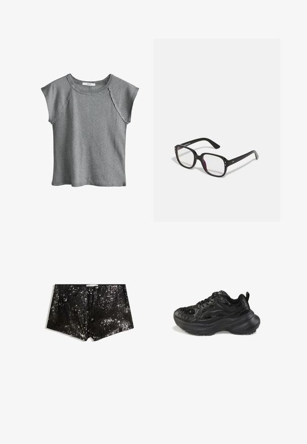 Graues kurzärmeliges T-Shirt aus weicher Baumwolle. Verfügt über einen rundhalsigen Ausschnitt und offene Kanten an den Nähten für eine lässige Passform.; Schwarze Pailletten-Shorts mit körperbetontem Design. Enthält schimmernde Pailletten, glatte Textur und einen Bund für einen sicheren Sitz.; Schwarzer klobiger Sneaker mit dicker Sohle, Schnürverschluss vorn, Obermaterial aus verschiedenen Materialien einschließlich Mesh und Leder sowie Schlaufe an der Ferse.; Schwarze rechteckige Brille mit klaren Gläsern, abgerundeten Kanten und seitlichen Akzenten, mit glänzender Oberfläche des Rahmens und der Bügel.