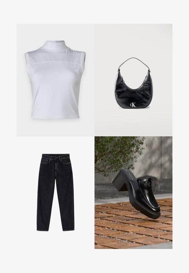 Top blanco sin mangas con cuello alto, textura suave y un diseño corto. Presenta una costura horizontal en el pecho.; Vaqueros negros de tiro alto con pierna recta, botón frontal, cremallera, trabillas para cinturón y cinco bolsillos, mostrados sobre un fondo blanco.; Mule tipo slip-on de cuero negro de Calvin Klein con tacón de bloque descansando sobre baldosas de madera al aire libre cerca de una planta verde y una pared gris.; Bolso de mano de cuero negro en forma de media luna con asa corta y logotipo "cK" plateado en el frente, cierre de cremallera en la parte superior.