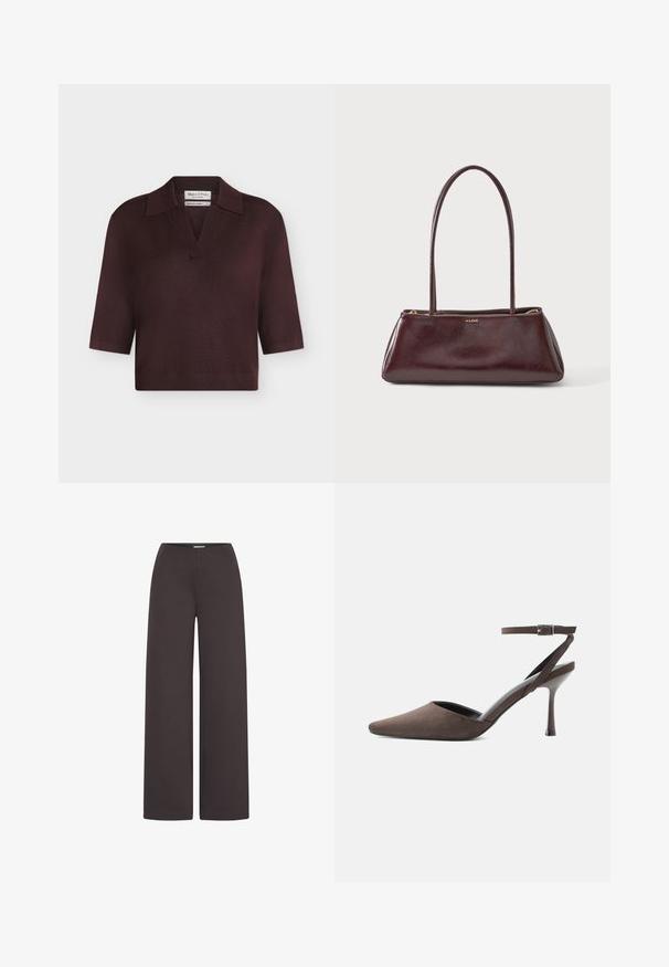 Polo en maille marron foncé à manches courtes avec col et ouverture en V, présenté sur un fond uni gris clair.; ICHI IHKATE WIDE PA2 - Pantalon classique - chocolate torte; Chaussure à talon haut en daim marron à bout pointu, avec une fine bride de cheville et une boucle argentée sur fond blanc.; Sac à main rectangulaire en cuir marron foncé avec longues lanières fines et fermeture éclair dorée, marqué ALDO au centre devant.