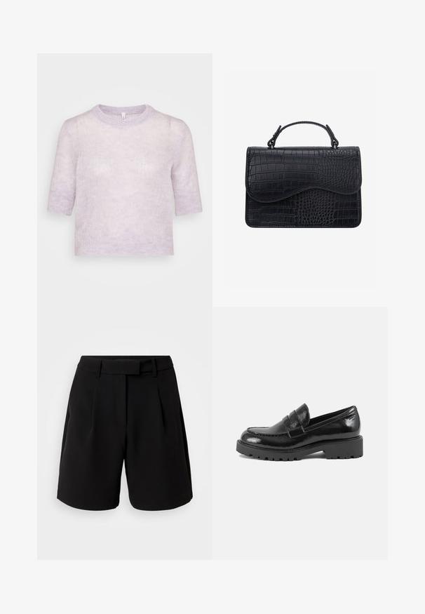 Suéter corto de manga corta en lavanda claro, de punto suave y texturizado, con escote redondo y un corte relajado. Diseño simple, sin adornos adicionales.; Pantalones cortos negros a medida, fabricados en tejido suave, con una cintura alta, pliegues, trabillas para cinturón y bolsillos laterales, con un diseño limpio y elegante.; Mocasin de charol negro con punta estructurada, tira decorativa en el empeine y suela gruesa y robusta. Acabado suave y brillante.; Bolso de mano negro de cuero con textura de cocodrilo, forma rectangular, solapa curva y asa corta en la parte superior.
