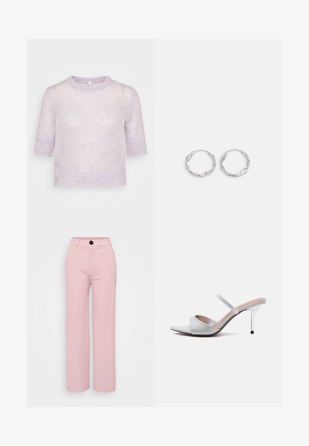 Suéter corto de manga corta en lavanda claro, de punto suave y texturizado, con escote redondo y un corte relajado. Diseño simple, sin adornos adicionales.; Pantalones de pierna ancha en rosa claro con una textura suave, con un botón negro y un diseño clásico de cinturilla. No hay bolsillos adicionales visibles.; Mule plateado de tacón alto con punta afilada, una tira ancha brillante sobre los dedos y una tira delgada sobre el pie, sobre fondo blanco.; Pendientes de aro plateados con textura ondulada e irregular. Presentan una forma circular delgada y un acabado reflectante.