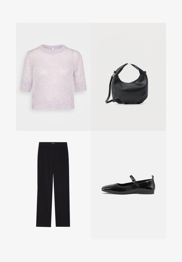 Pull court à manches courtes en lavande clair, en tricot doux et texturé, avec un col rond et une coupe décontractée. Design simple, sans embellissements supplémentaires.; Pantalon en velours côtelé noir avec une coupe droite, doté d'une taille plate et sans poches visibles, texture lisse et détail en côtes verticales.; Chaussure plate en cuir verni noir avec un bout pointu, une sangle de cheville avec boucles, et une texture lisse et brillante. Talon bas pour le confort.; Sac à main en cuir tressé noir avec poignée courte et bandoulière amovible, présenté sur un fond clair uni.