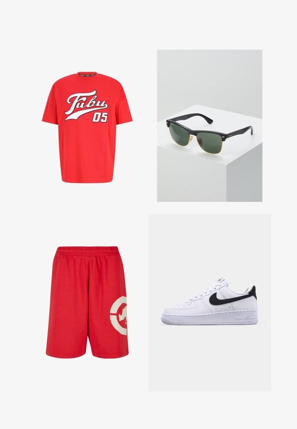 T-shirt en coton rouge avec un grand logo "Fubu 05" noir et blanc sur la poitrine, avec un col rond et une coupe décontractée.; Shorts rouges en coton avec une taille élastique, présentant un grand design graphique blanc sur la jambe gauche et une texture lisse.; Sneaker en cuir blanc avec un Swoosh noir texturé, des lacets plats et une semelle en caoutchouc avec un motif strié. "AIR" est embossé sur le talon.; Lunettes de soleil Ray-Ban avec des verres verts, monture en plastique noir et accents dorés sur les bords. Forme carrée avec une finition mate.