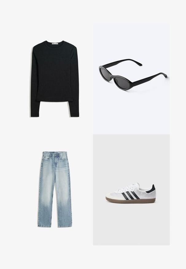 Zwarte langermige shirt van zachte stof, met een ronde halslijn en een aansluitend ontwerp met een rechte zoom en minimale stikseldetails.; Lichtblauwe denim jeans, hoog in de taille, met een recht model. Bevat klassieke vijf-pocket styling en subtiele vervaging aan de voorkant.; Witte mesh sneaker met zwarte strepen, beige suède neuskapje en hielaccent, gestructureerde rubberen zool en witte veters. Klassiek ontwerp met lage schacht.; Strakke zwarte ovale zonnebril met donkere glazen en rechte pootjes, rustend op een wit oppervlak.