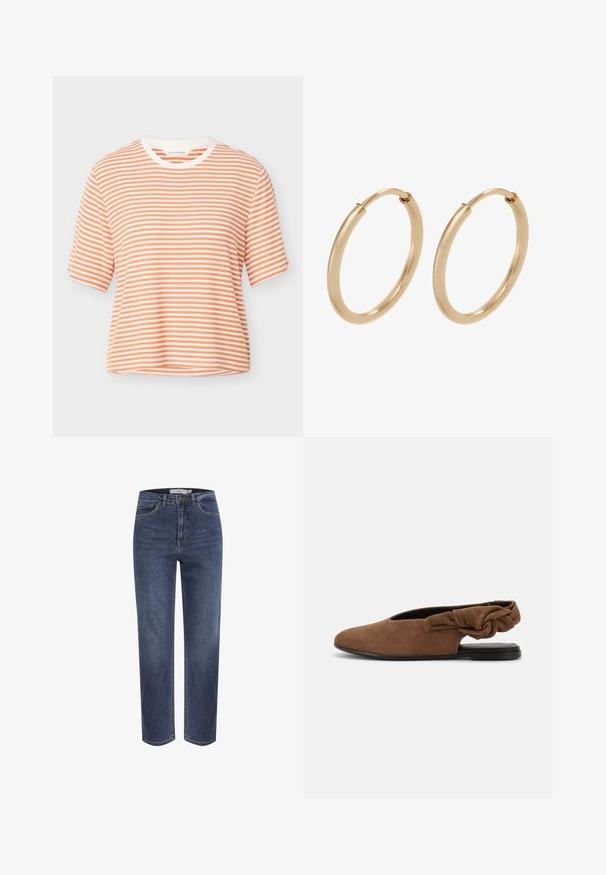 Kurzärmeliges, geripptes Oberteil mit weißen und hellorangen horizontalen Streifen und einem weißen Rundhalsausschnitt.; Blaue Jeans mit geradem Bein, vorderen Taschen, Gürtelschlaufen und Knopfverschluss, dargestellt vor weißem Hintergrund.; Brauner Wildleder-Slingback-Schuh mit flacher Sohle, einem gedrehten Stoffdetail am Fersenriemen und einer schwarzen Sohle vor hellem Hintergrund.; Goldene Creolen mit einer glatten, polierten Oberfläche. Abgerundete Form, mittlere Größe, ausgestattet mit einem sicheren Verschlussmechanismus.