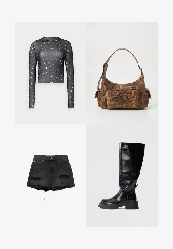 Sort langærmet mesh top med gyldne halvmåne- og stjernemønstre, cropped længde og bølget kantdetalje.; Sorte denimshorts med frynset kant, slidte lapper, lukning med frontknap og design med fem lommer. Klassisk høj talje.; Knæ-høje sorte læderstøvler med en skinnende finish, rund tå, chunky platform hæl og dekorativt bagstykke.; Brun slangemønster håndtaske med en tekstureret overflade, et buet design, en enkelt skulderrem og en frontlynlås-lomme.