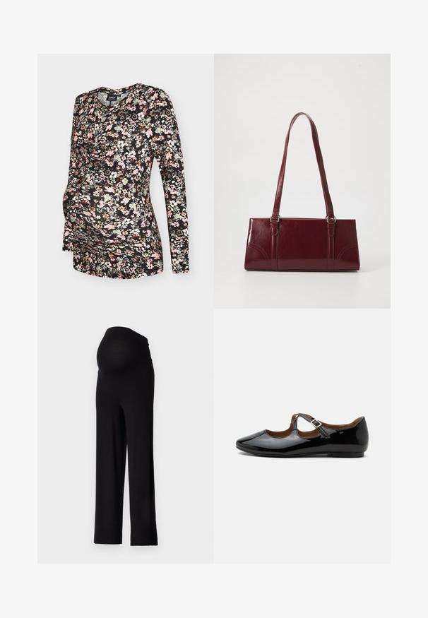 Camiseta de maternidad de manga larga en negro con estampado floral que incluye flores rosas, blancas y verdes. Tejido suave y elástico. Cuello redondeado.; Pantalones de maternidad negros con una cinturilla elástica y ajustada y un diseño de pierna ancha. Fabricados con una tela suave, que ofrece comodidad y soporte.; Zapato plano Mary Jane de charol negro con dos recortes y una correa con hebilla dorada sobre fondo blanco.; Bolso burdeos hecho de material brillante, de forma rectangular, con dos asas para el hombro y sutiles acentos curvados en la parte frontal.