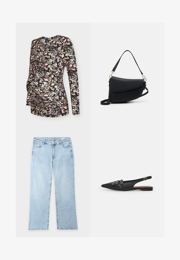 Langarm zwangerschaps-top in zwart met een bloemenprint van roze, witte en groene bloemen. Zachte, rekbare stof. Ronde halslijn.; Lichtblauwe spijkerbroek met rechte pijpen, vijf zakken, riemlussen en een knoop- en ritssluiting, plat neergelegd op een witte achtergrond.; Zwarte leren slingback ballerina met spitse neus, voorzien van twee horizontale bandjes en vierkante zilveren gespen, lage hak en een gladde textuur.; Zwarte leren handtas met een gestructureerde afwerking, voorzien van een enkele schouderriem en gouden hardware-accenten. Het ontwerp is strak en minimalistisch.