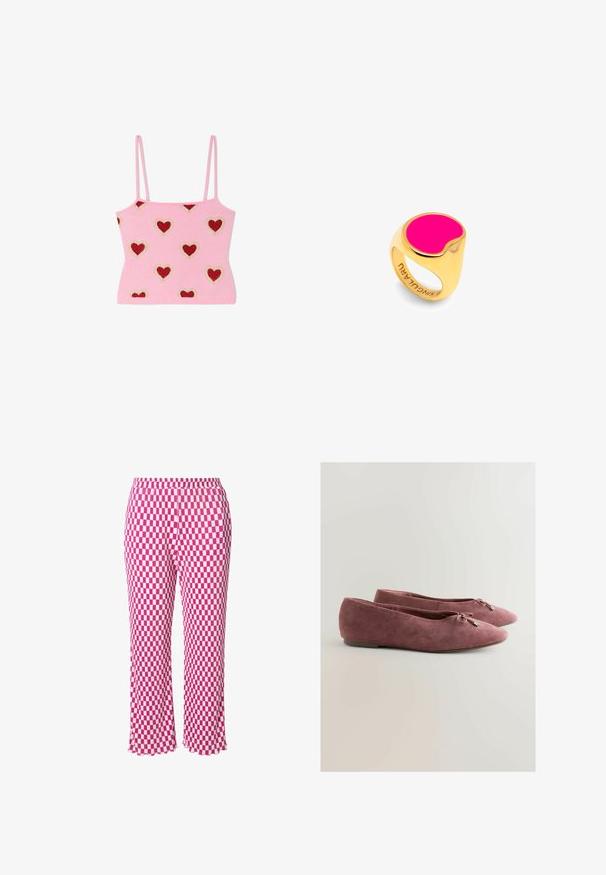 Vaaleanpunainen olkaimellinen croptop, jossa on punaisia sydänkuvioita, jotka on reunustettu pienillä valkoisilla helmillä ja jakautuvat tasaisesti kankaan pinnalle.; Vaaleanpunaiset ja valkoiset ruudulliset housut, joissa on joustava vyötärö, lyhyt pituus ja hieman nyrhitty helma. Valmistettu kevyestä, muotoillusta kankaasta.; Vaaleanpunaiset mokkasiset balettitossut, joissa on teräväkärkinen kärki, koristeellinen rusetti ja hopeiset yksityiskohdat nauhassa. Tasapohja, jossa sileä pinta.; Kultakoru, jossa on suuri, sileä, pyöreä fuksiaemaljakeskus. Sisäpuolella kaiverrus "SINGULARU". Yksinkertainen ja moderni muotoilu.
