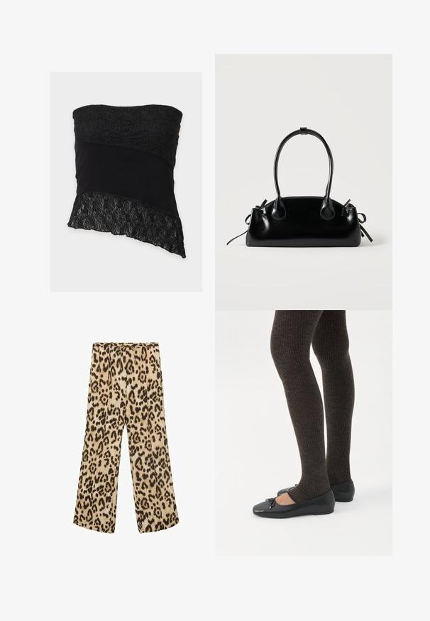 Sort stropløs top med blonde tekstur på øvre og nedre dele samt en glat stofbånd på midten.; Betræksbukser med leopardmønster i beige og brun, med snøre i taljen, glat stof og en afslappet pasform.; Ben iført mørke ribbede leggings kombineret med sorte balletsko med små sløjfedetaljer på hvid baggrund.; Lille sort blank håndtaske med to lange håndtag og snøre-detaljer i siden på en ensfarvet lys baggrund.