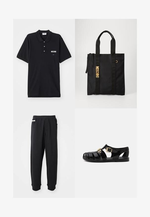 Zwart polo-shirt van katoen, voorzien van een klassieke kraag, drie knopen en een wit Moschino-logo op de linkerkant van de borst.; Zwarte sweatpants van zachte stof, met een elastische tailleband, zijzakken en geribbelde boorden bij de enkels. Minimalistisch ontwerp.; Zwarte rubberen sandalen met uitsnijdingen, voorzien van een gouden gesp-sluiting en een textuur inlegzool. Afgedrukt logo op de hak.; Zwarte tote bag van gladde stof met twee zwarte handvaten, voorzien van een gouden "MOSCHINO" logo en een rits bovenaan.