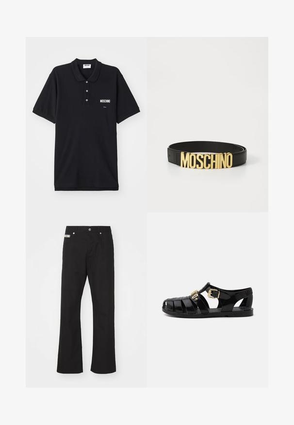 Polo negro de algodón, con un cuello clásico, tres botones y un logo blanco de Moschino en el lado izquierdo del pecho.; Pantalones de algodón negros con un diseño de pierna recta, que presentan un cierre frontal con botón, dos bolsillos laterales y una pequeña etiqueta de la marca en la cintura.; Sandalias de goma negras con diseño perforado, que cuentan con un cierre de hebilla dorada y una plantilla texturizada. Logo estampado en el talón.; Cinturón de cuero negro con una gran hebilla con el logo dorado "MOSCHINO", textura suave, tamaño ajustable y diseño minimalista.