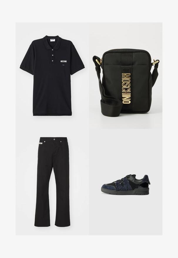 Zwart polo-shirt van katoen, voorzien van een klassieke kraag, drie knopen en een wit Moschino-logo op de linkerkant van de borst.; Zwarte katoenen broek met een rechte pijpdesign, voorzien van een sluiting met een knoop aan de voorkant, twee zijzakken en een klein merklabel op de tailleband.; Zwarte en marineblauwe sneakers zijn gemaakt van suede en mesh materialen, met een dikke zool en een opvallend uitgesneden "M" detail aan de zijkant.; Zwarte nylon schoudertas met een rechthoekige vorm, voorzien van een textuurafwerking, een gouden "MOSCHINO" logo en een verstelbare band.