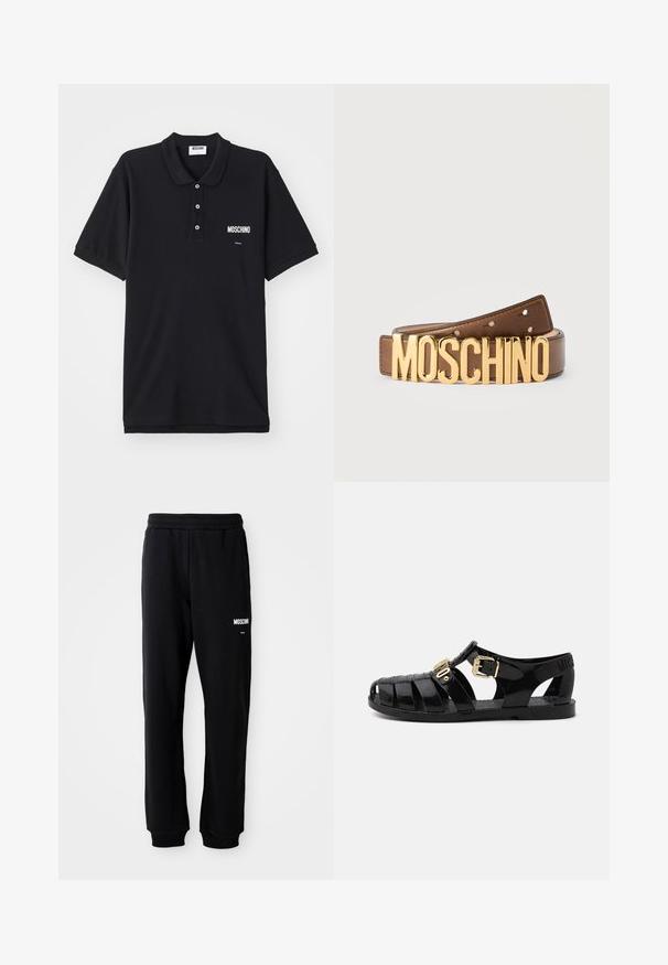 Polo negro de algodón, con un cuello clásico, tres botones y un logo blanco de Moschino en el lado izquierdo del pecho.; Pantalones de chándal negros con un corte relajado, hechos de una tela suave. Presentan una cintura elástica y el logo blanco de "Moschino" en el muslo izquierdo.; Sandalias de goma negras con diseño perforado, que cuentan con un cierre de hebilla dorada y una plantilla texturizada. Logo estampado en el talón.; Cinturón de cuero marrón con una hebilla grande de oro que deletrea "MOSCHINO" en letras mayúsculas y negrita.