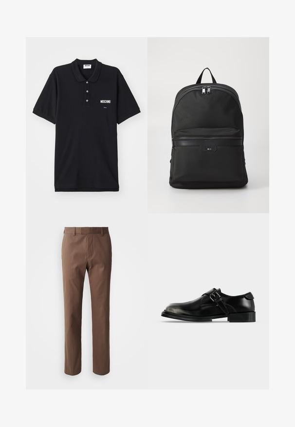 Polo noir en coton, doté d'un col classique, de trois boutons et d'un logo Moschino blanc sur la zone gauche de la poitrine.; Pantalons marron avec une coupe ajustée, devant plat et deux poches latérales. Fabriqués dans un tissu lisse avec une finition soignée et sans motifs visibles.; Chaussure habillée en cuir noir à boucle moniale argentée, bout arrondi, petit talon superposé et finition lisse et polie.; Sac à dos noir avec une surface en tissu texturé, un sommet arrondi, deux zips argentés et une poche zippée à l'avant avec une plaque de logo.