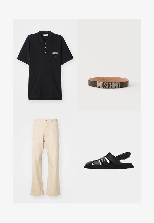 Schwarzes Poloshirt aus Baumwolle, mit klassischem Kragen, drei Knöpfen und einem weißen Moschino-Logo auf der linken Brustseite.; Beige Hose aus Baumwolle mit geradem Bein, zwei vorderen Taschen, Gürtelschlaufen und einem Metallknopfverschluss.; Schwarze Ledersandale im Fischertreterstil mit verstellbarem Knöchelriemen, goldener Schnalle und weißer Markenaufschrift auf dem Vorder Riemen.; Schwarzer Ledergürtel mit großen silbernen Metallbuchstaben, die MOSCHINO an der Vorderseite der Schnalle bilden, auf einem schlichten hellen Hintergrund dargestellt.