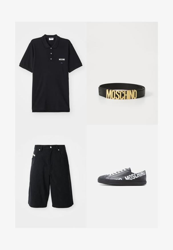 Polo noir en coton, doté d'un col classique, de trois boutons et d'un logo Moschino blanc sur la zone gauche de la poitrine.; Shorts noirs en coton avec une coupe décontractée, dotés de poches avant, d'une taille avec passants de ceinture et d'une petite étiquette sur le côté.; Baskets basses noires avec des lacets blancs et "MOSCHINO" imprimé en grandes lettres blanches sur le côté et le talon.; Ceinture en cuir noir avec une grande boucle en or « MOSCHINO », texture lisse, taille réglable et design minimaliste.
