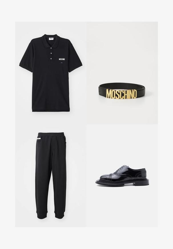 Polo noir en coton, doté d'un col classique, de trois boutons et d'un logo Moschino blanc sur la zone gauche de la poitrine.; Pantalons de survêtement noirs en tissu doux, avec une taille élastique, des poches latérales et des poignets côtelés aux chevilles. Design minimaliste.; Chaussure habillée à brogue en cuir noir poli avec perforations style wingtip et talon empilé, présentée en profil latéral sur fond blanc.; Ceinture en cuir noir avec une grande boucle en or « MOSCHINO », texture lisse, taille réglable et design minimaliste.