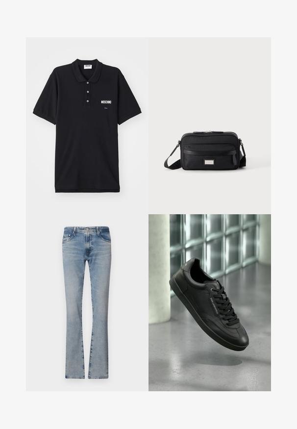 Zwart polo-shirt van katoen, voorzien van een klassieke kraag, drie knopen en een wit Moschino-logo op de linkerkant van de borst.; Lichtblauwe flared jeans van denim met een middelhoge taille, vijf zakken en een verantwoorde afwerking, voorzien van een rits en metalen knoopsluiting.; Zwarte leren sneaker met een getextureerde afwerking, platte veters, ronde neus en een rubberen zool. Heeft een logodetail aan de zijkant.; Zwarte rechthoekige crossbodytas met voorvak met ritssluiting, verstelbare schouderband en zilveren rechthoekige logo-plaat op effen achtergrond.