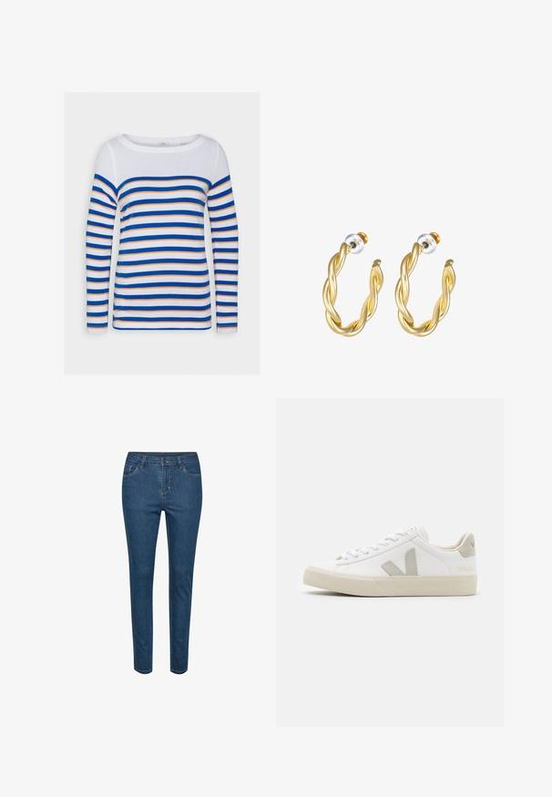 Esprit Longsleeve - white; Blauwe denim slim-fit spijkerbroek met knoop- en ritssluiting aan de voorkant, riemlussen en voor- en achterzakken.; Witte sneakers van leer met grijze V-logo accenten, een gestructureerde rubberen zool, witte veters en een gevoerde tong en kraag.; Gouden gedraaide oorringen met een gladde afwerking, voorzien van een transparante achterkant en goudkleurige hardware.
