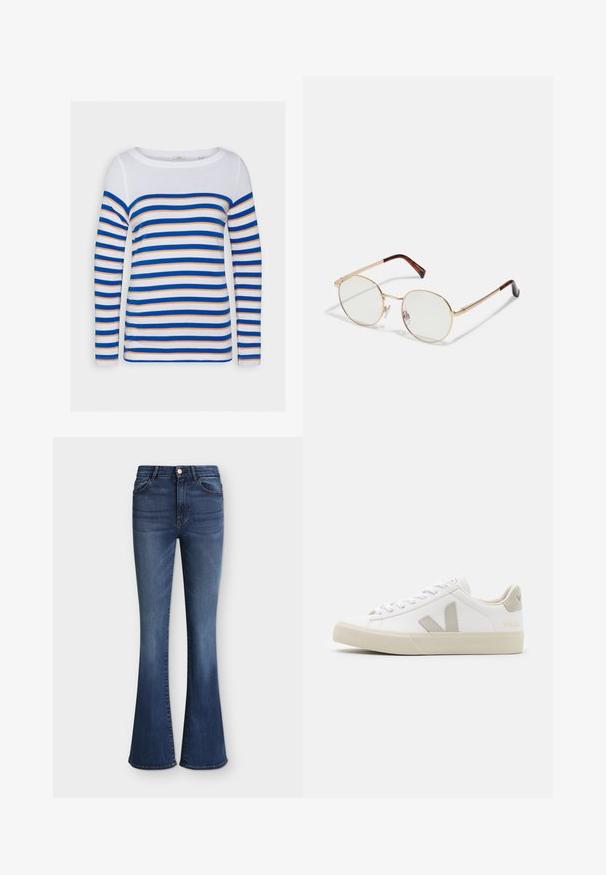 Esprit Langarmshirt - white; Dunkelblaue Denim-Jeans mit hoher Taille, vorderer Knopfleiste, Reißverschluss und schmaler Passform an den Oberschenkeln, die ab dem Knie ausgestellt sind.; Weiße Sneaker aus Leder mit grauen V-Logo-Akzenten, strukturiertem Gummiabsatz, weißen Schnürsenkeln sowie gepolstertem Zungen- und Knöchelbereich.; Goldfarbene metallene Brille mit ovalem Rahmen und klaren Gläsern. Schildpatt-Akzente an den Bügeln. Verstellbare Nasenpads für zusätzlichen Komfort.