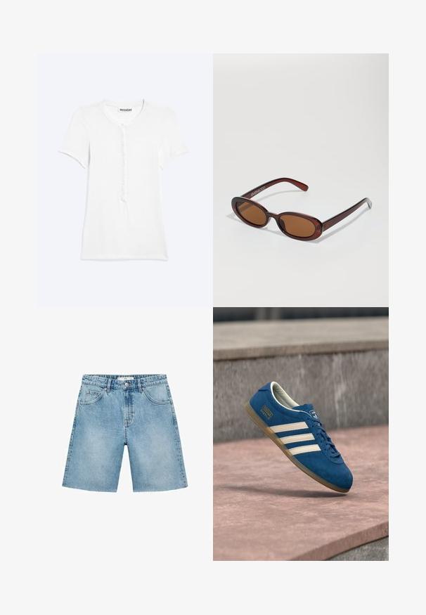 Hvid kortærmet henley-shirt med rund halsudskæring og syv knapper foran, lagt fladt på en lys baggrund.; Lyseblå denimshorts med lige snit, fem lommer, frontlukning med knap og flosset kantdetalje. Klassisk denimtekstur.; Blå ruskindsneaker med cremefarvede striber og snørebånd, sål af gummiridse, tekstureret overflade, rundet tå og mærkning på siden.; Runde, bruntonede solbriller med en glansfuld bordeauxramme. Slanke arme med diskret brandingdetalje. Flad linsedesign.