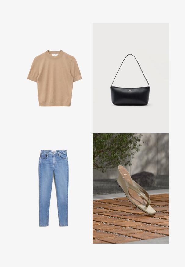 Beige gebreide trui met korte mouwen, geribbelde ronde hals, manchetten en zoom, plat neergelegd op een witte achtergrond.; Lichtblauwe denim jeans met een slim fit, met voorzakken, een knoopsluiting en een subtiele vervaagde textuur.; Beige leren teenslipper met BOSS-logo op de binnenzool, zwevend boven een houten terras met kleine grindsteentjes ertussen.; Zwarte leren schoudertas met een smalle riem en een klein "BOSS"-logo in gouden letters aan de voorkant in het midden.