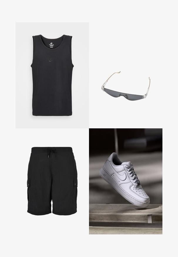 Sort ærmeløs Nike tanktop lavet af bomuld, med rund halsudskæring og et lille præget logo på brystet. Glat stoftekstur.; Sorte cargoshorts med elastisk talje, justerbar snøre og knaplukning på sidelommerne.; Hvid læder Nike Air Force 1 sneaker med perforeret tå, flade snørebånd og tekstureret gummisål med "AIR" branding på siden.; Slanke, rektangulære solbriller med mørkt tonede glas, klare plast hængsler og tynde beige arme, der er buede for enden.