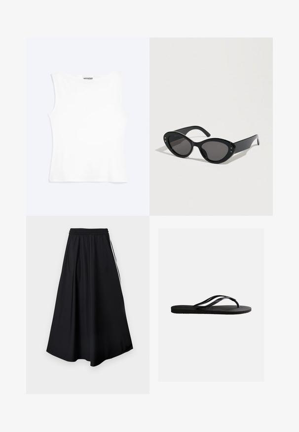 Top branco justo sem mangas com decote redondo e design minimalista, com a etiqueta "WEEKDAY" no interior da gola.; Calças pretas de perna larga com cintura elástica e riscas brancas nas laterais, exibidas contra um fundo branco liso.; Chinelo preto de borracha com palmilha texturizada e tiras finas em formato de Y, apresentado sobre um fundo branco simples.; Óculos de sol pretos com formato oversized em estilo olho de gato. Armações de plástico lisas com lentes escuras e pequenos detalhes de estrelas nas laterais.